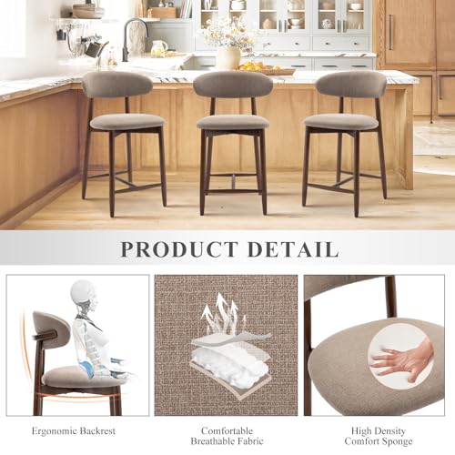 Image of COLAMY Bar Stools Set of 3, Counter Height BarStools with Back, Mid Century Modern Upholstered, with Wood Legs for Kitchen Island Dining Room, Camel