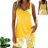 Two-Piece Body-Covering Printed Boxer Swimsuit, Women's Two-Piece Printed Bathing Suit, Pankini Bathing Vacation Swimwear (Yellow-2,2X)