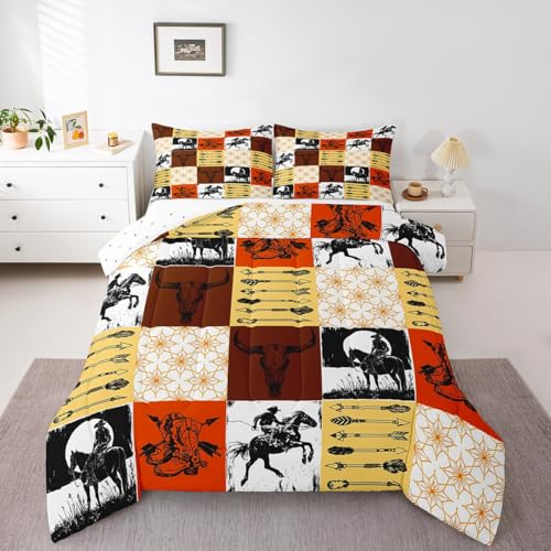 Image of Feelyou Boys Western Bull Skull Bedding Set Kids Teens Boho Cow Longhorn Skullhead Comforter Set Queen Size Bohemian Cowboy Duvet Insert Southwest Country Ranch Room Decor