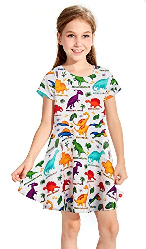 Toddler Girls Short Sleeve Dress White Dinosaur Print Dress Animal World Summer Dress Casual Swing Holiday Birthday Theme Party Sundress Toddler Kids Twirly Skirt 4-5T #TOP2