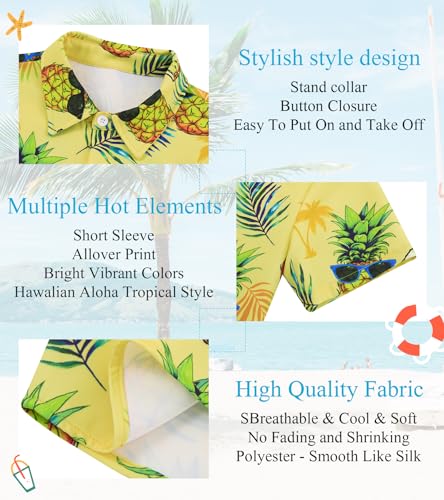 Image of uideazone Size 9-10 Boys Hawaiian Shirts Kids Short Sleeve Button Down Casual Shirt Pineapple Print Blouse Beach Style Summer Wear Tops for Dailywear Camping Hiking Climbing Beach Volleyball