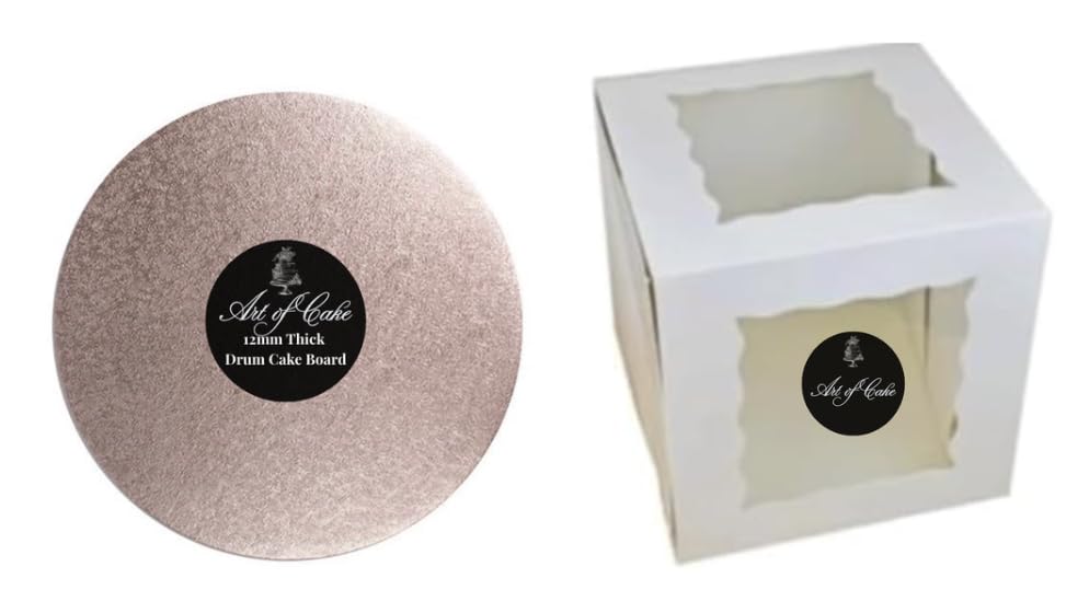 Art of cake ® Drum Cake Board (13mm) & 2 Sided Window Tall Cake Box (Rose Gold, 12")