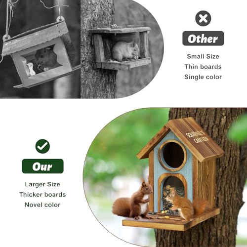 MIXXIDEA Wooden Squirrel Feeder, Large Capacity Squirrels Feeders for Outside, Sturdy Construction, No Assembly Lovely Chipmunk Feeder for Corn, Peanut, Nuts, Chestnuts (Brown-1pk)