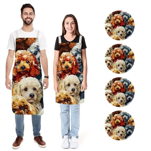 Tablier caniche aquarelle lot de 2 doux, le cadeau idéal pour amateurs de chiens et cuisine