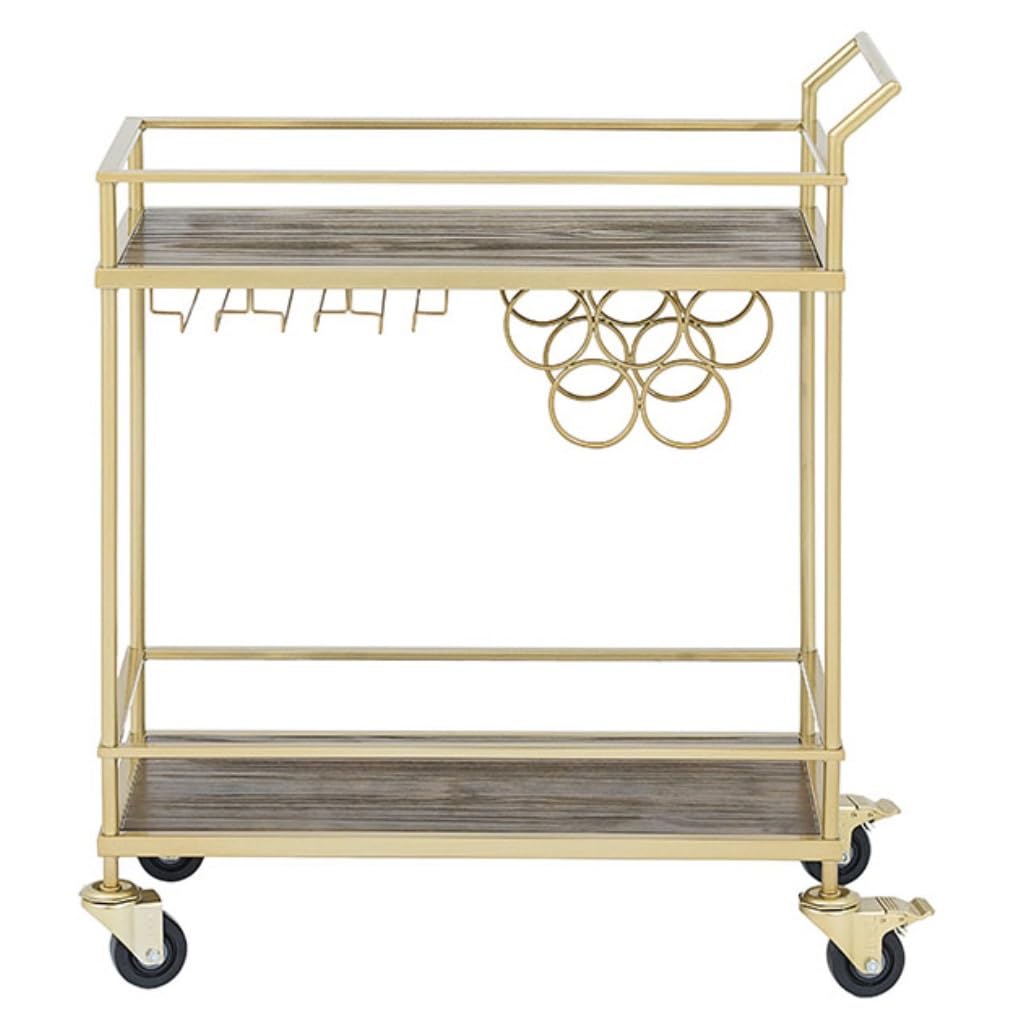 Aufbewahrungswagen Servierwagen Bar-Servierwagen, Speisewagen-Aufbewahrung, 2-lagiger Goldener Metallrahmen, oberes Holzregal mit Weinregal und Armlehne Für Wohnzimmer Küche