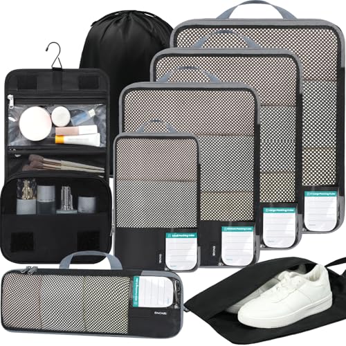 Image of BAGAIL 4 Set /6 Set /8 Set Compression Packing Cubes Travel Accessories Expandable Packing Organizers (Half Mesh, 8-Jet Black)