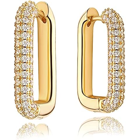 MEVECCO Gold U Shape Huggie Hoop Earrings 18K Gold Plated Dainty Cubic Zirconia Oval Huggie Earring for Women Cute minimalist Fashion Hoops Sleeper Earrings Jewelry Cover