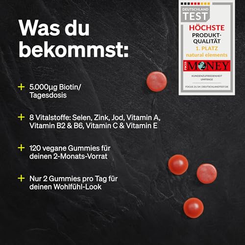 natural elements Biotin Haar Gummies - 120 vegane, zuckerfreie Gummibärchen mit 5000 µg Biotin pro Tagesdosis - mit Himbeergeschmack - in Deutschland produziert & laborgeprüft