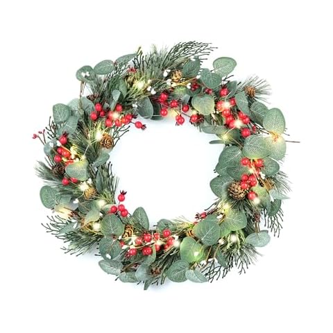 DN DECONATION 20 Inch Lighted Christmas Wreath Clearance, Front Door LED Lights Christmas Wreath Battery Operated Eucalyptus Winter Wreath with Pine Cones Berry Clusters for Xmas Holiday Decor Cover