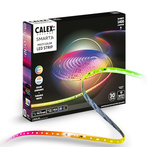 Calex Smart LED strip, 30 m, RGBIC kleuren, flexibel & op maat knipbaar, Dimbaar, WIFI App‑ & Spraakbediening, incl. afstandsbediening
