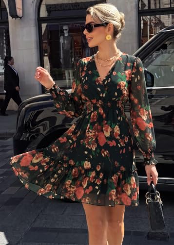 Image of Prettywear Women's Chiffon Long Sleeve Wrap Neck Wedding Guest Mini Dress | Wrap V Neck Smocked Waist Flowy Dress, Spring Fall Outfits for Cocktail, Vacation, Date Night Party