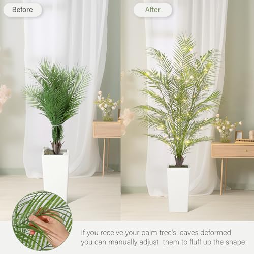 5FT Fake Palm Tree Faux Areca Palm Plants with 32 Full Lifelike Palm Leaves Realistic Trunks Fake Tropical Palm Tree for Indoor Home Outdoor Yard Décor with Lighting Tall Trapezoidal Prism White Pot