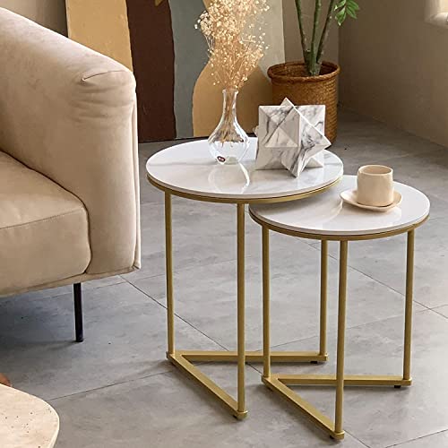 Image of Marble Top Side Table Gold 2 Nesting Small Sofa End Table Round Bedside High Gloss Sintered Marble Tabletop Golden Metal Leg Nested Accent Table Living Room Office (Style-3)