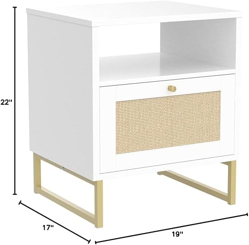 Miniatura 2 de Nathan James Mina - Mesa auxiliar auxiliar de madera de ratán con almacenamiento para sala de estar o dormitorio, juego de 2, blancodorado