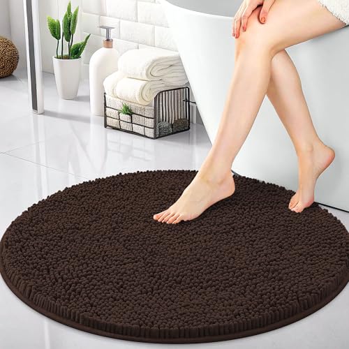 OLANLY 30-inch Round Bathroom Rugs, Extra Soft Chenille Bath Rugs, Brown