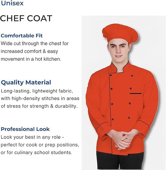 BUDGETTHEMES Men's Multi Color Chef Jacket/Light Weight Chef Coat With Contrast Black Piping