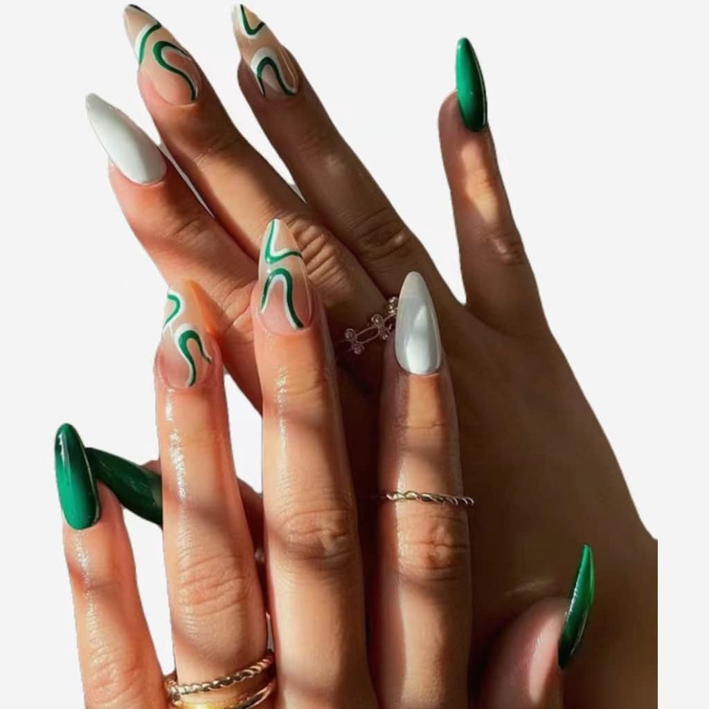 XINXIN 24 Pcs Press on Nails, Almond Fake Nails with Nail Glue, False Nails with Designs Acrylic Nails Glue on Nails for Women and Girls (Emerald ripples)
