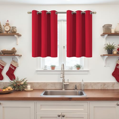 Image of YoungsTex Red Blackout Curtains 36 Inches Length for Short Window - Thermal Insulated with Grommet Room Darkening Drapes for Kitchen Bedroom Bathroom, 2 Panels, 42 x 36 Inch
