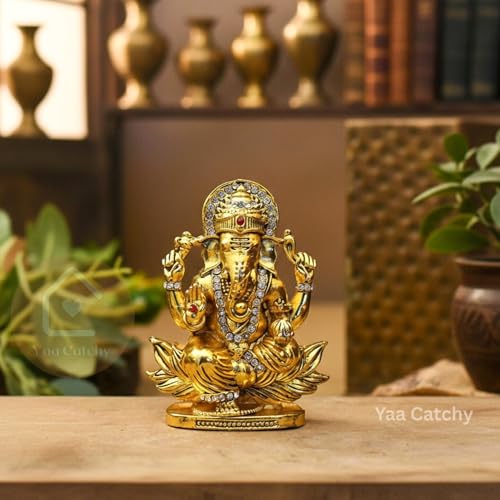 Image of Lord Ganesha Car Dashboard Idol & Crystal Stones Lotus Base Design Hindu God Ganpati.Believed to Protect and Bless Travelers on Their Journeys.(Gold)