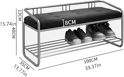 Miniatura 6 de Banco de zapatos de 2 niveles con marco de metal, banco de almacenamiento de zapatos para entrada, pasillo, sala de estar (color azul, tamaño 31.5 x