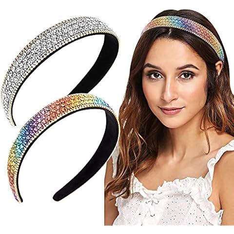 Wecoe 2 Pack Rhinestone Headbands for Women Bling Diamond Headbands Fashion Headbands Sparkle Crystal Headbands Rainbow Headband Silver Headband Colorful Headbands Hair Accessories for Women Girls Cover