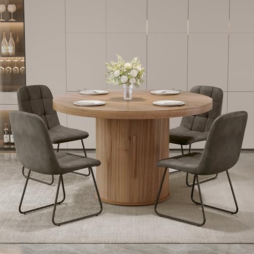 Image of 5-Piece Dining Set for Small Spaces 43.3 inch Round Table & 4 PU Leather Chairs, Modern Farmhouse with Storage Shelf, Apartment Kitchen Easy Assembly (Walnut Color Round Table + 4 U-Shaped Gray Chairs)