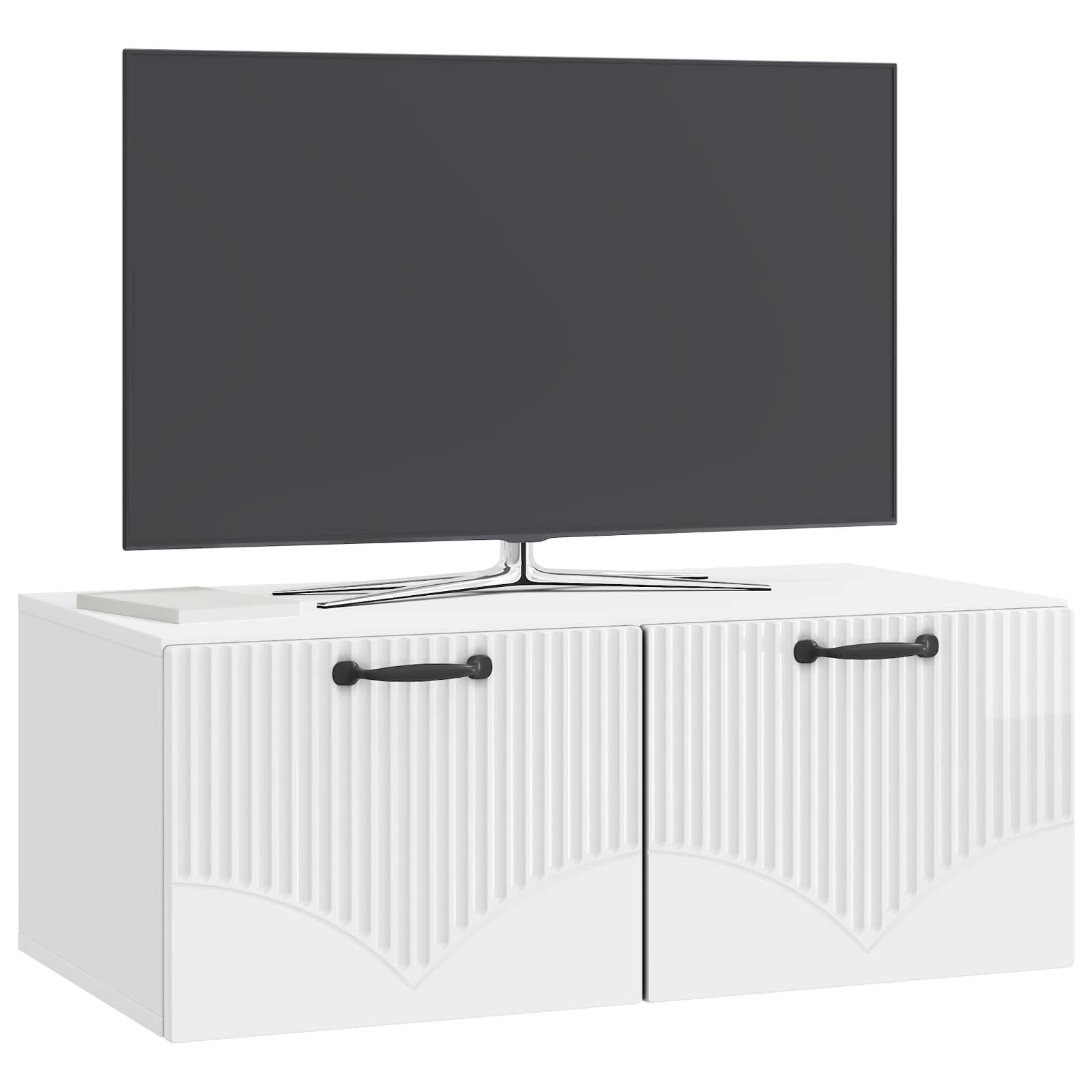 Mobile TV a parete bianco lucido in legno 78,5 x 41 x 30 cm con 2 ante oscillanti a 90° e molto spazio per soggiorno, camera da letto, angolo gaming