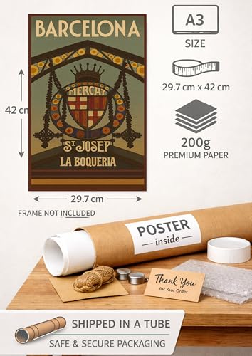 Póster de Barcelona vintage de la entrada del Mercado de la Boquería impreso en papel de calidad 2