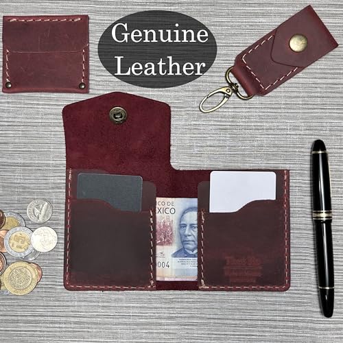 Wallet Card Holder for Men with 2 Card Spaces Handmade from Full Grain Leather Handmade Rustic Minimalist (Wine)3