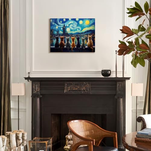 Dazzlewall Encadré Art Mural de Nuit Étoilée avec Chats, Impressions d'Art de Peinture à l'Huile de Chat Vintage Artistique pour Chambre et Salon 12x16 pouces – vue 3