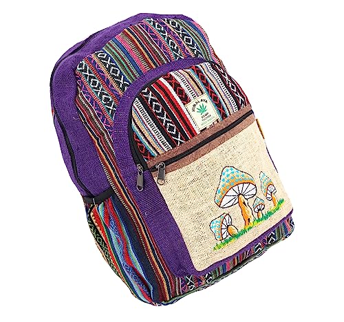 Unique Mushroom Embroidered Tie Dye Himalaya Hemp Large Hippie Backpack Festival Backpack FAIR TRADE Handmade with Love. (PURPLE)