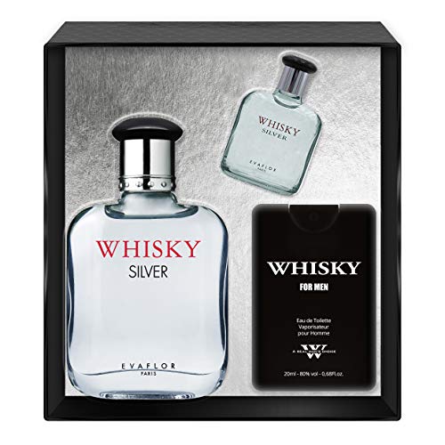EVAFLOR PARIS Whisky Silver Coffret pour Homme Eau de Toilette 100 ml + Miniature 7.5 ml + Parfum de Voyage 20 ml Vaporisateur Spray Parfum Homme 127.5 ml