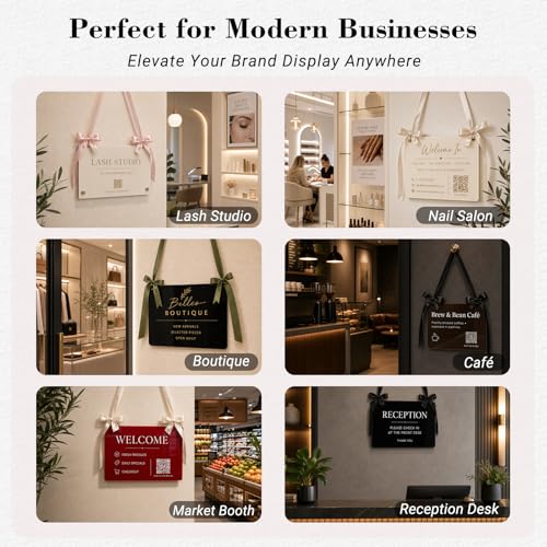 Image of Custom Acrylic Hanging Business Sign with Satin Ribbon, Personalized UV Printed QR Code Sign for Salon Spa Boutique Office Door Window, Small Business Welcome Sign, Market Booth Vendor Display Decor