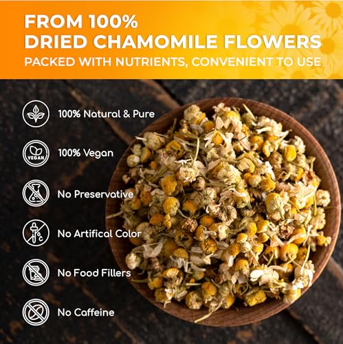 Image of Lavendium, Premium 4oz Dried Chamomile Flowers, 100% Natural & Pure Whole Chamomile Blossoms, No Additives or Preservatives, Non-GMO, Plant-Based & Vegan, Perfect for Herbal Tea & Infusions