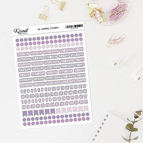 A5 Days Dots and Number Stickers in Purple - 5.3" x 8.3" - Craft Journal Snail Mail Planner Journal Diary Paper Sticker Sheet Cover