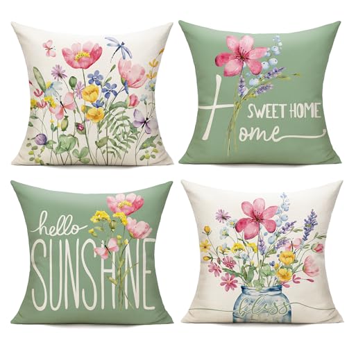 Spring Outdoor Throw Pillow Covers 18×18 Set of 4 Garden Flowers Farmhouse Patio Decorative Cushion Covers Home Decor Couch for Sofa Bedroom Livingroom
