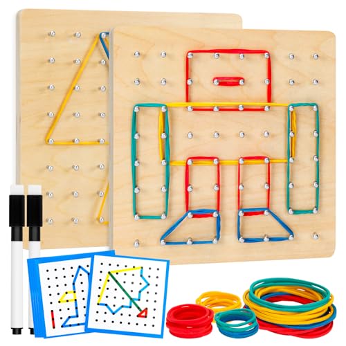 Image of 2Pack Wooden Geoboard,Montessori Toy,Graphical Mathematical Education Toy for Kids with Pattern Cards and Rubber Bands to Figures and Shapes, Brain Teaser STEM Toy Geo Board.