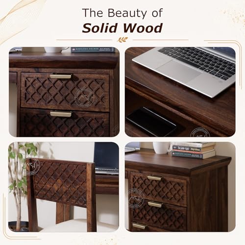 Image of NSH Solid Sheesham Wood Study Table with Chair | Wooden Writing Desk with Drawer & Door Storage | Pre-Assembled Computer Desk Workstation for Home Office & Study Room | Teak Finish