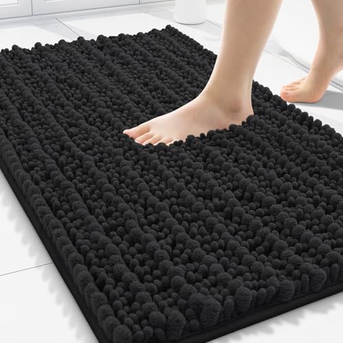 Image of Smiry Bathroom Rugs Mat 30x20, Extra Soft Absorbent Chenille Bath Rugs, Non Slip Rubber Backing Machine Washable Quick Dry Bath Mats for Bathroom Floor, Tub, Shower, Home Decor Accessories, Black