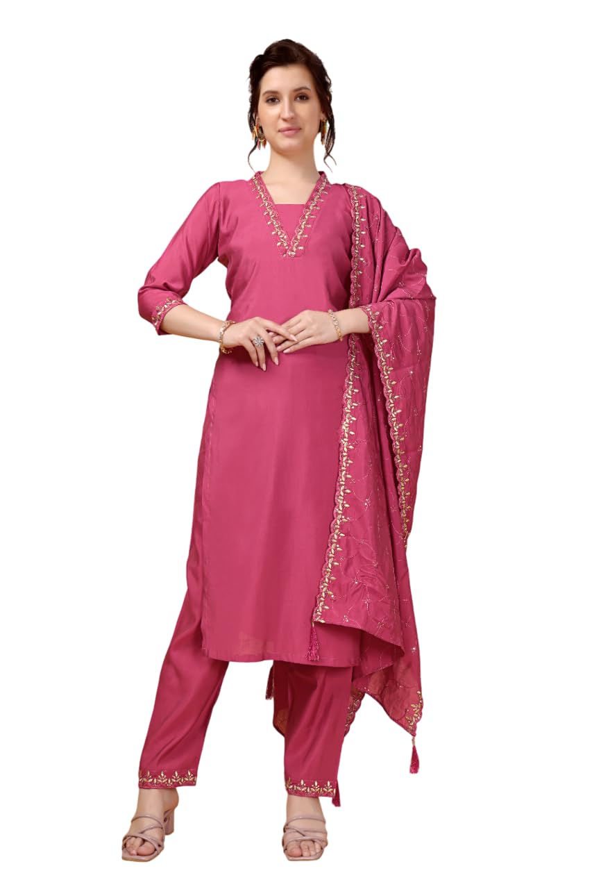 Xomantic Fashion Womens's Pink Color Cotton Embroidered Readymade Kurta Pant Set With Dupatta (Xx-Large, Pink)