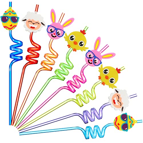 24 Pieces Easter Straws Party Reusable Eggs Bunny Chick Straws for Easter Day Favors Birthday Party Supplies, 4 Styles, 8 Colors