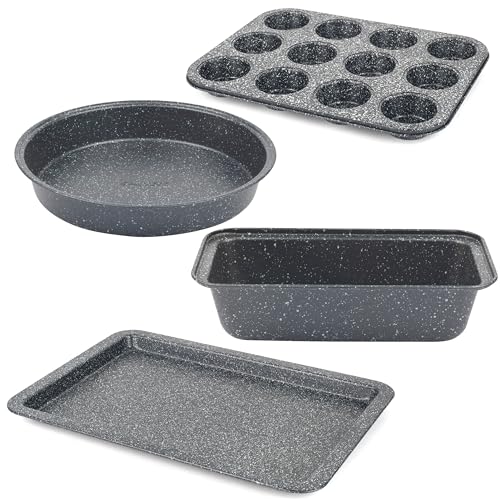 Salter COMBO-9140 Megastone Cake Tin Set – 4 Piece Bakeware with Baking Tray, Round Cake Pan, Loaf Tin, 12-Cup Muffin Pan, Non-Stick Coating, Carbon Steel, Easy Clean, Oven Safe to 220°C, PFOA-Free Salter COMBO-9140 Megastone Cake Tin Set – 4 Piece Bakeware with Baking Tray, Round Cake Pan, Loaf Tin, 12-Cup Muffin Pan, Non-Stick Coating, Carbon Steel, Easy Clean, Oven Safe to 220°C, PFOA-Free