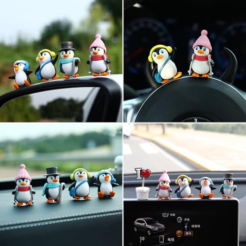 Image of 4PCS Mini Penguin Figurines Set, Cute Resin Penguin Decorations with Winter Hats, Scarf, Earmuffs & Cane, Christmas Village Accessories, Fairy Garden Miniatures, Desk Shelf Home Decor