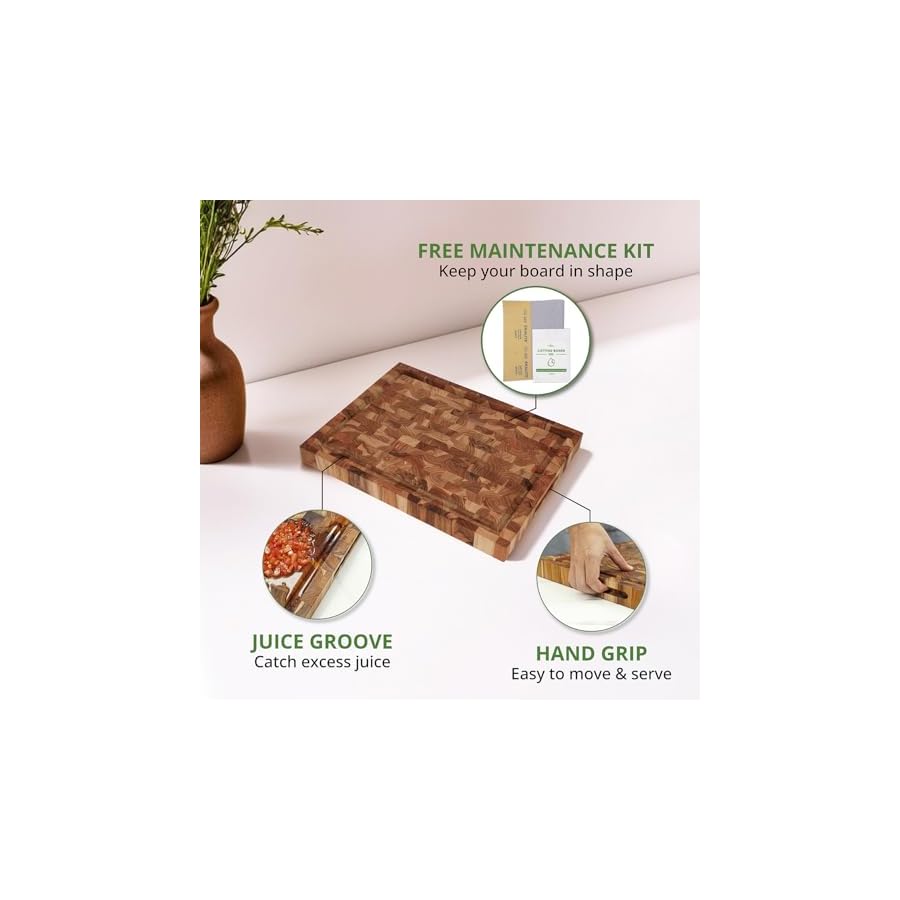 BEEFURNI-Teak-Wood-End-Grain-Cutting-Board-Wooden-Cutting-Boards-for-Kitchen-with-Juice-Groove-Hand-Grip-Small-Gifts-for-Her-1-Year-Manufacturer-Warranty-S16-L-x-12-W-x-15-T-inches BEEFURNI Teak Wood End Grain Cutting Board (S, 16x12x1.5"), Wooden Cutting Boards for Kitchen with Juice Groove Hand Grip Small, Christmas Gifts, 1-Year Manufacturer Warranty