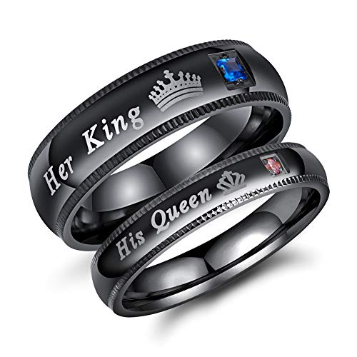 Fate Love 2Pcs Stainless Steel His Queen & Her King Couples Rings Set Engagement Wedding Band Black