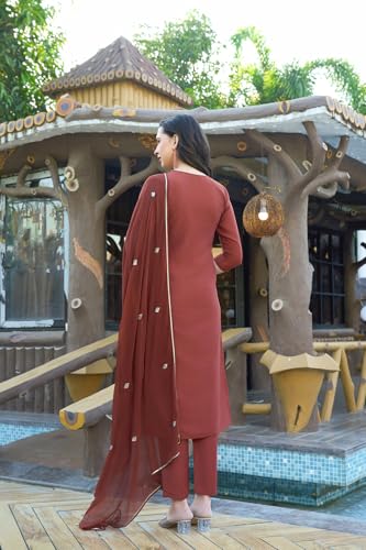 Image of GoSriKi Women's Cotton Blend Embroidered Kurta Set with Pant & Dupatta - Straight Calf‑Length, 3 /4 Sleeve, Round Neck - Elegant Ethnic Attire (5 Colors, S-5XL)