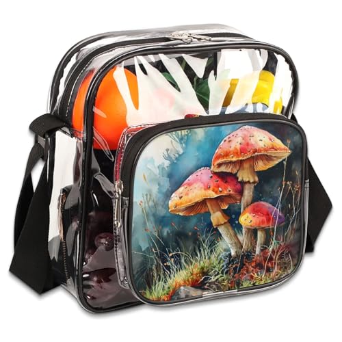 GzLeyigou Clear Crossbody Bag Stadium Approved Fly Agaric Mushrooms Transparent Bag for Festivals, Sports Events, Concerts,Beach Bag for Women Men Clear Purse with Front Pocket Messenger Bag