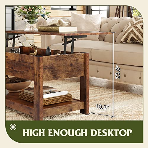 Image of WLIVE Coffee Table, 39 inch Lift Top Coffee Table with Hidden Compartment and Storage Shelf for Living Room, Rustic Brown