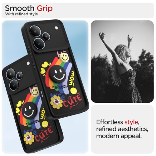 Image of Pikkme Back Cover for Realme P4 5G | Soft Silicone| Cute Rainbow Smile & 3D Cartoon Flower Design | Shockproof Raised Camera Protection Bumper Case (Black)