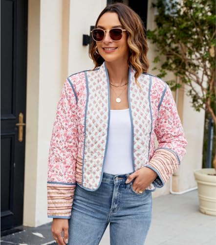 Women's Cropped Floral Quilted Jacket Lightweight Open Front Padded Puffer Coat4